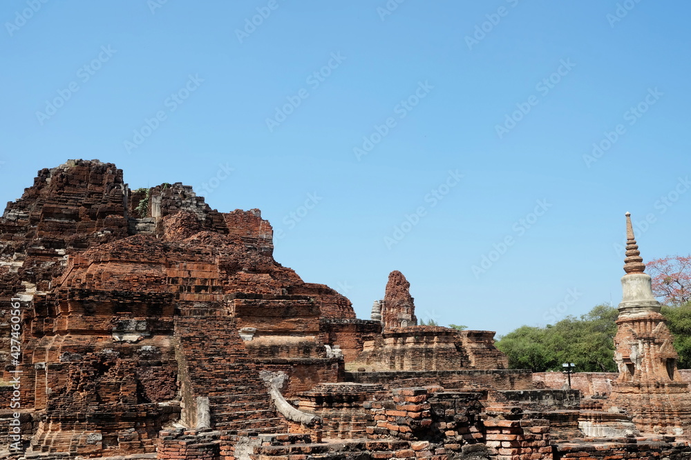 Huge Stupa Debris at Ancient Wat Mahathat Temple where is Famous Historical Landmark in Ayutthaya Province, Thailand.