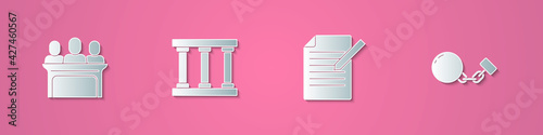 Set paper cut Jurors, Prison window, Document and pen and Ball chain icon. Paper art style. Vector