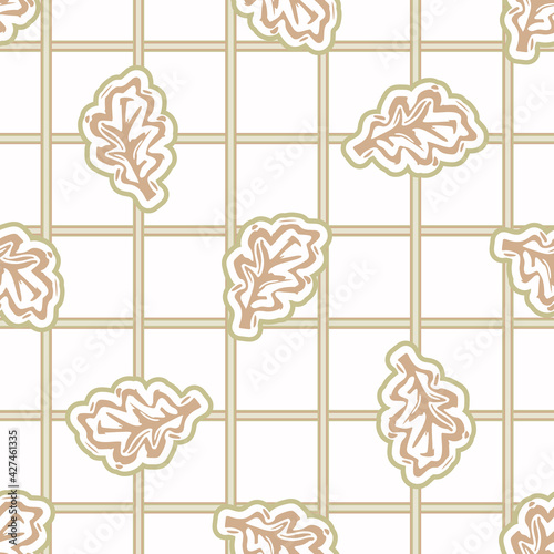 Seamless minimalist oak leaf blockprint pattern background. Calm pale tonal p...