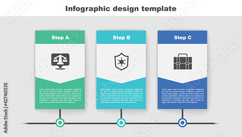 Set Scales of justice, Police badge and Briefcase. Business infographic template. Vector