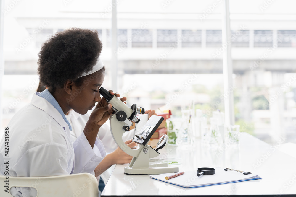 African American child girl scientists looking germs and bacteria through microscope in laboratory. Scientific experiment. Early development of children African American child girl scientists looking germs and bacteria through microscope in laboratory. Scientific experiment. Early development of children