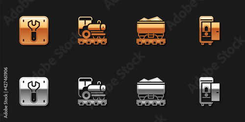 Set Repair of railway, Vintage locomotive, Coal train wagon and Toilet the car icon. Vector