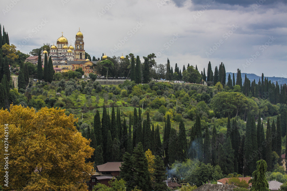New Athos, Republic of Abkhazia, 09.21.2019. New Athos Simono-Kananite monastery located at the foot of Mount Athos in Abkhazia