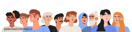 Portrait of diverse people standing together. Group of man and woman of different nationality, ages isolated on white. Unity of various generations. Social and ethnic diversity or population.