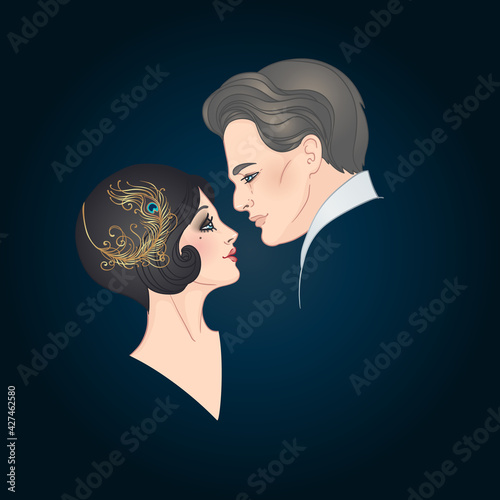 Beautiful couple in art deco style. Retro fashion. glamour man and woman of twenties. Vector illustration. Flapper 20s style. Vintage party or thematic wedding invitation design template.