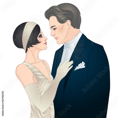 Beautiful couple in art deco style. Retro fashion. glamour man and woman of twenties. Vector illustration. Flapper 20s style. Vintage party or thematic wedding invitation design template.