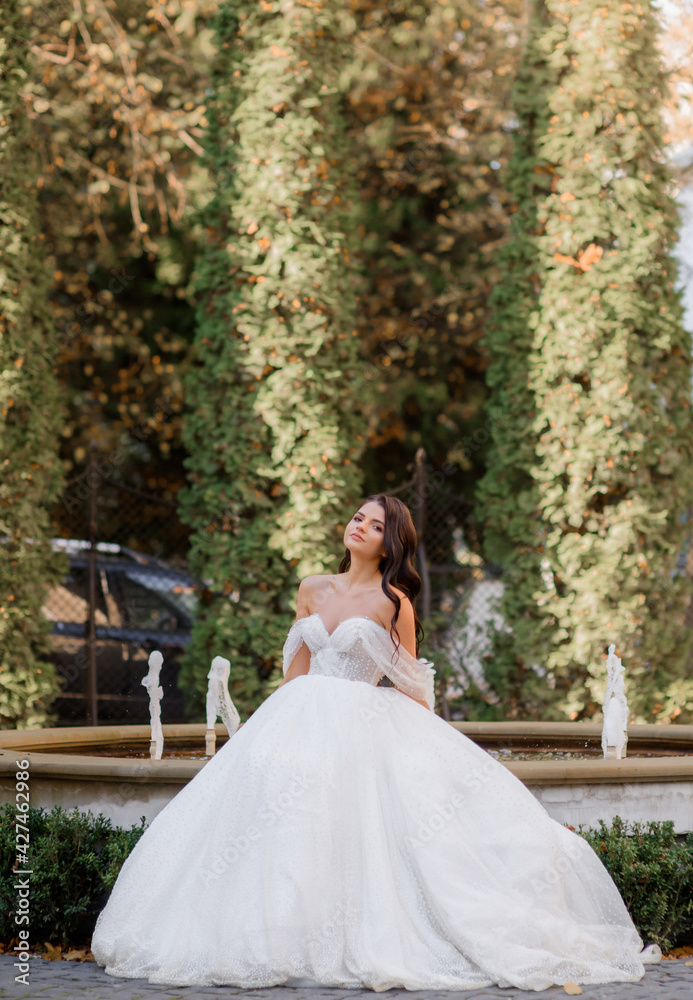 Front view of elegant brunette bride stands on the background of the park with a fountain. Concept of bride