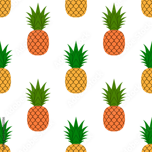 Pineapple, leaf seamless pattern. Tropical fruits textile texture isolated white background. Food print, fabric wrapping decorative backdrop. Nature concept. Repeat design element. Vector illustration