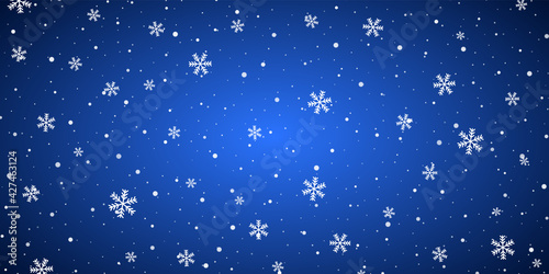 Snow blue background. Christmas snowy winter design. White falling snowflakes  abstract landscape. Cold weather effect. Magic nature fantasy snowfall texture decoration Vector illustration
