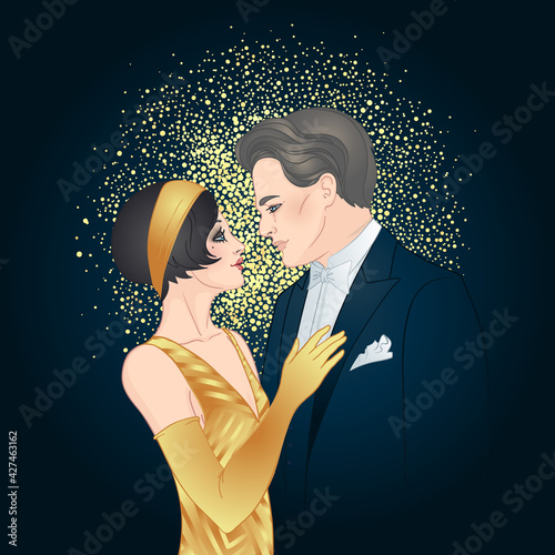 Beautiful couple in art deco style. Retro fashion. glamour man and woman of twenties. Vector illustration. Flapper 20s style. Vintage party or thematic wedding invitation design template.