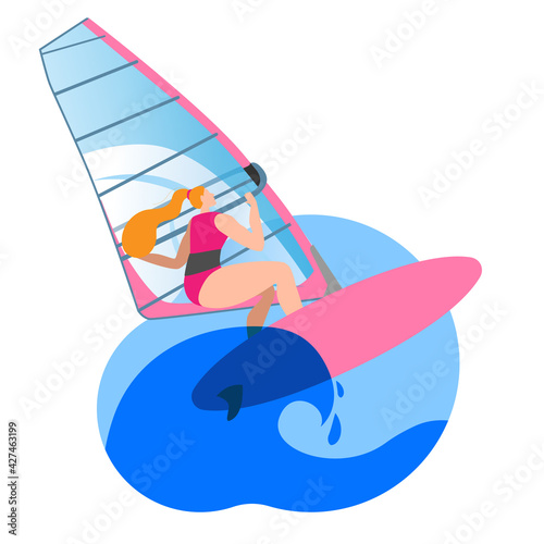 Girl ride a Board with a sail. Vector icon or sticker in a flat style on the theme of surfing.