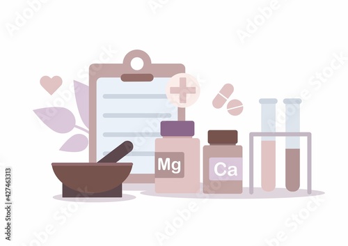 Flat medicine bottles. Vitamin bottle with natural herbal pills and vitamins. Drugs, tablet capsules and bottles.