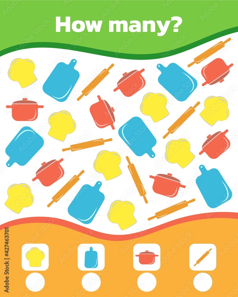 Math colorful game for children. How many kitchen utensils are there. Vector illustration.