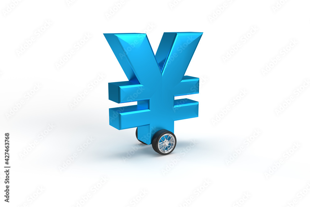 Obraz premium Japanese currency yen symbol on wheels as a car on a white isolated background.