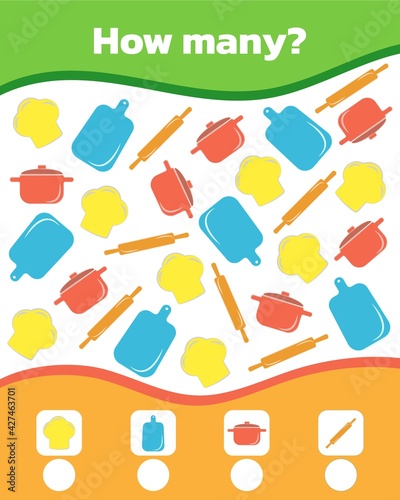 Math colorful game for children. How many kitchen utensils are there. Vector illustration.
