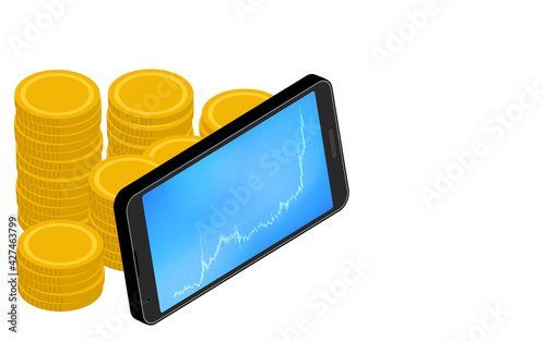 仮想通貨の上昇チャートを示すスマホ画面と仮想通貨、アイソメトリック