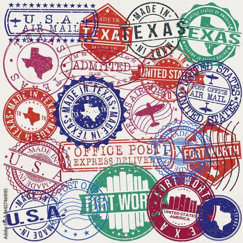 Fort Worth Texas Set of Stamps. Travel Stamp. Made In Product. Design Seals Old Style Insignia. 