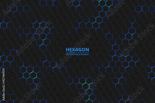 Hexagonal background. Bright blue neon flashes under the hexagon in the lighting technique. Dark honeycomb texture.