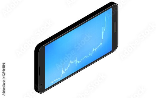 スマホアプリで見る株やFXや仮想通貨に使われるローソク足チャート、上昇、アイソメトリック