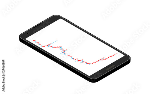 スマホアプリで見る株やFXや仮想通貨に使われるローソク足チャート、上昇、アイソメトリック