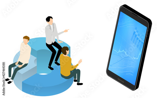 スマホアプリで株の上昇チャートを見て議論する人、アイソメトリック