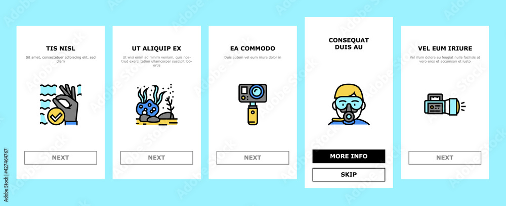 Diving Scuba Equipment Onboarding Mobile App Page Screen Vector. Mask And Snokler, Fins And Swimming Suit, Flash Light And Knife Diving Tool Illustrations
