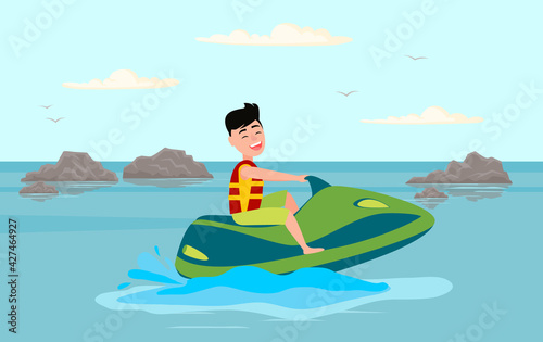 Man is riding jet ski on ocean. Male character in life jacket is sitting on water transport