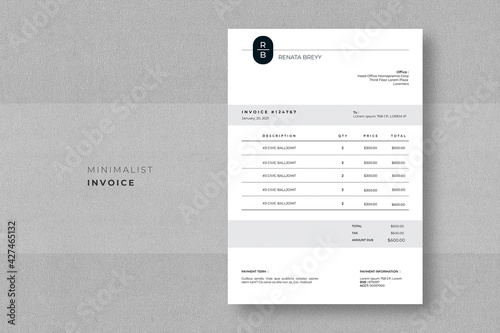 Minimalist Invoice

Easy to edit and customise, with a single page invoice design,
- A4 Size 
- Print Ready
- 300 DPI
- Easy to Use
- Free Font Used photo