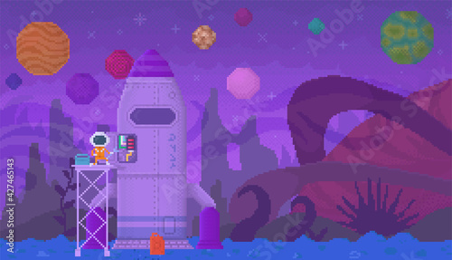 Alien fueles aircraft standing on unknown planet. Purple rocket with pixelated creature in space