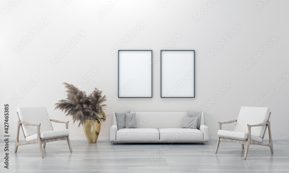 Fototapeta Realistic Mockup 3D Rendered Interior of Modern Living Room with Sofa - Couch and Table