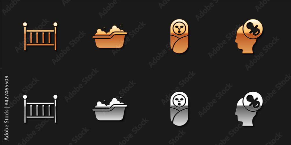 Set Baby crib cradle, bathtub, Newborn baby infant swaddled and dummy pacifier icon. Vector Set Baby crib cradle, bathtub, Newborn baby infant swaddled and dummy pacifier icon. Vector