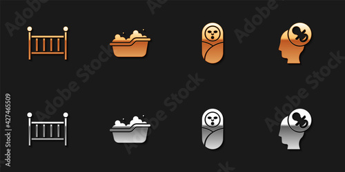 Set Baby crib cradle, bathtub, Newborn baby infant swaddled and dummy pacifier icon. Vector