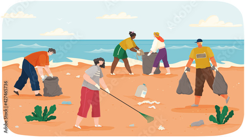 People volunteering collect garbage ontaminated areas of sand on shore. Characters throwing trash