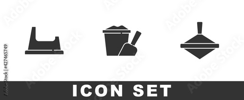 Set Baby potty, Sand in bucket with shovel and Whirligig toy icon. Vector