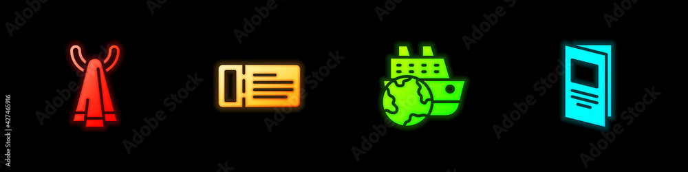 Set Towel on a hanger, Cruise ticket, ship and Brochure icon. Vector Set Towel on a hanger, Cruise ticket, ship and Brochure icon. Vector