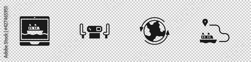 Set Cruise ship, Poker table, Worldwide and Ship line path icon. Vector