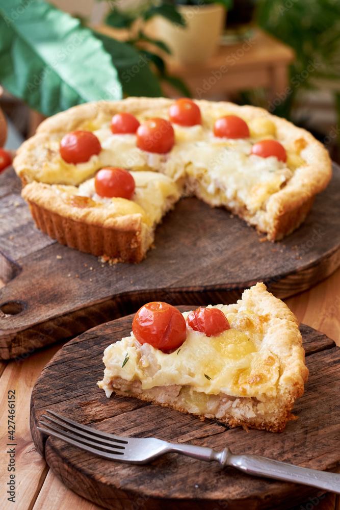 Tart with cheese, tomatoes and fish. Side view.