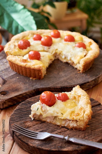 Tart with cheese, tomatoes and fish. Side view.