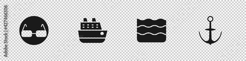 Set Glasses, Cruise ship, Wave and Anchor icon. Vector