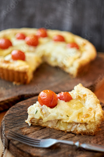 Tart with cheese  tomatoes and fish. Side view.