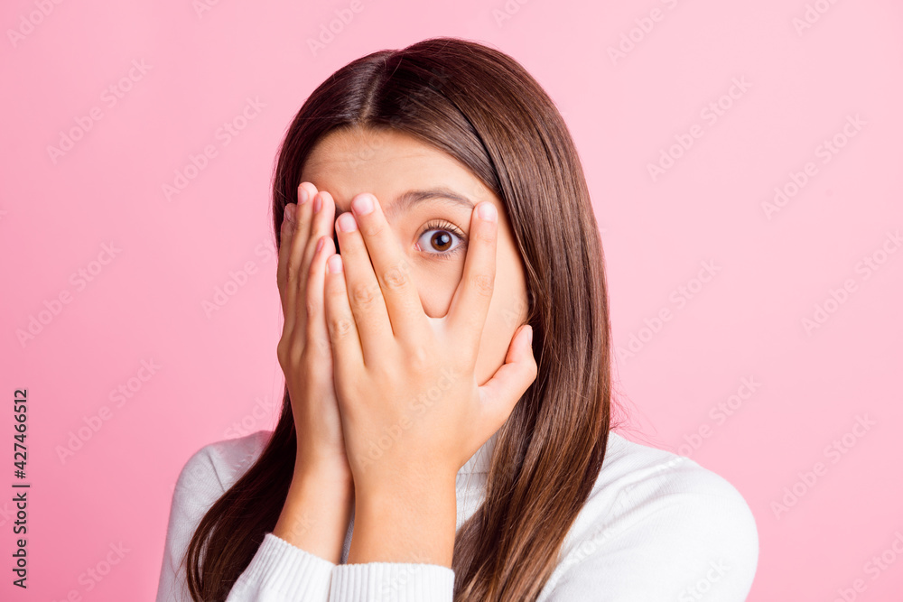 Photo of funny scared young girl wear white jumper hands cover face hiding isolated pink color background Stock Photo | Adobe Stock Photo of funny scared young girl wear white jumper hands cover face hiding isolated pink color background Stock Photo | Adobe Stock