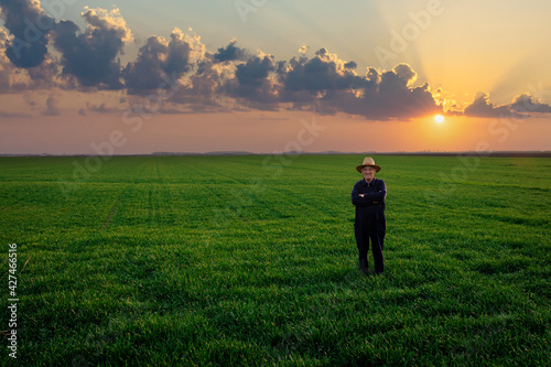Senior farmer standing in green wheat field at sunset.
