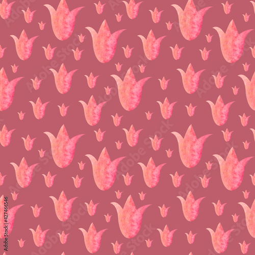 Seamless pattern with pink watercolor hand drawn flowers on dark red background.Medieval-inspired endless texture for fabrics, bed linen,home interior,wrapping paper,textile