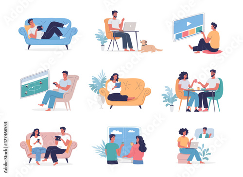Different people spending time at home. People characters vector illustration set