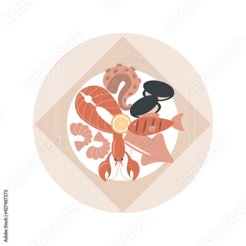 Seafood menu abstract concept vector illustration. Seafood nutrition diet, marine products shop, fish house, food delivery, in-house kitchen, pescatarian diet, protein source abstract metaphor.