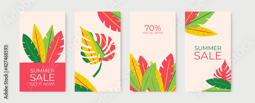 Geometric square summer frame with exotic flowers and palm leaf. Suit for post dan stories social media template. Vector illustration for summer and holiday design