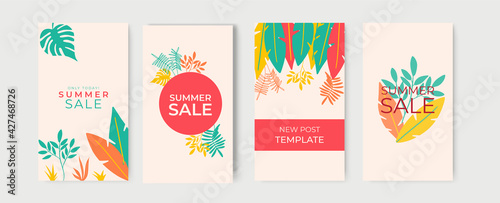 Geometric square summer frame with exotic flowers and palm leaf. Suit for post dan stories social media template. Vector illustration for summer and holiday design