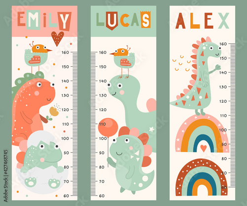 Fototapeta Naklejka Na Ścianę i Meble -  Kids height chart with cute baby dinosaur. Vector Illustration. Childish meter wall for nursery design with funny dinosaurs. Great for girl and boy.