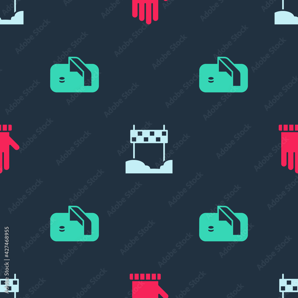 Set Christmas mitten, Ribbon in finishing line and Ice hockey goal on seamless pattern. Vector