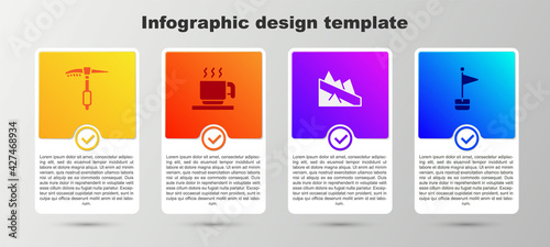 Set Ice axe, Hot chocolate cup, Mountain descent and Location marker. Business infographic template. Vector